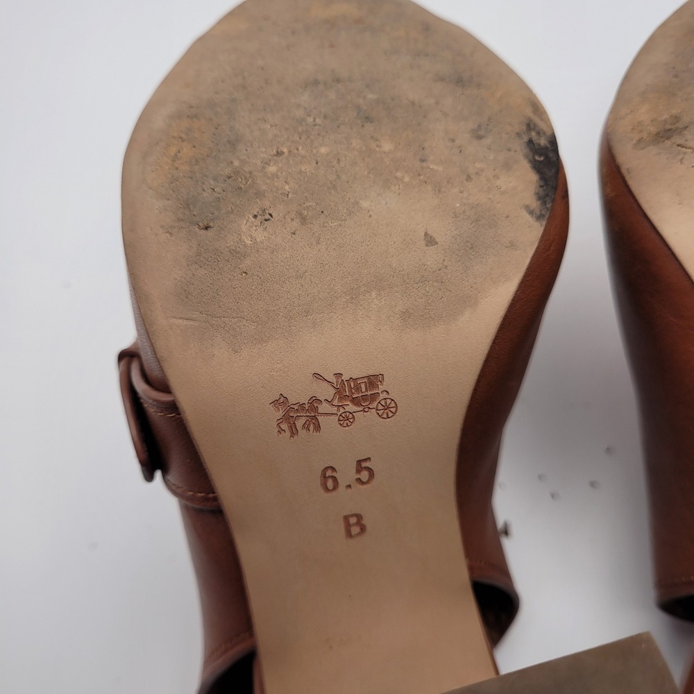 Coach Womens Brown Leather Peep Toe Slingback Block Heel Sandals Gold Buckle 6.5 - Picture 2 of 11
